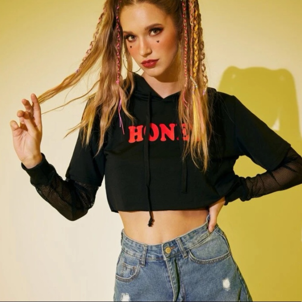 3/$30 🛒 SHEIN/ROMWE Mesh Panel Sleeve Letter Graphic Crop Hoodie